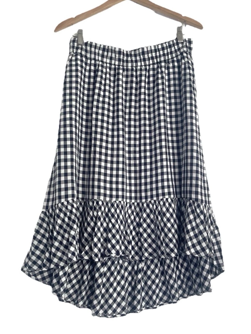 J. Crew Midi Ruffle Skirt Gingham Lined Sz M Black White Tiered Pockets Pull-On